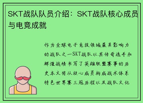 SKT战队队员介绍：SKT战队核心成员与电竞成就